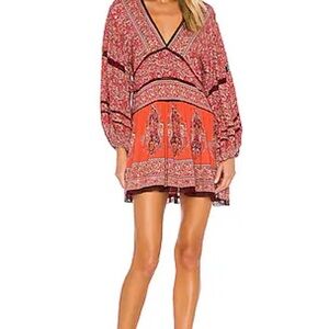 Free People Pink Bishop Sleeve V-Neck Mini Sundress